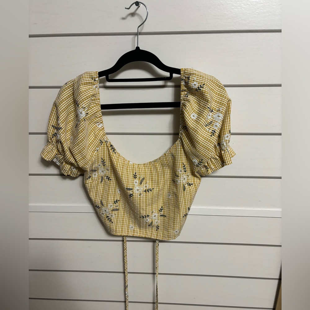Yellow Plaid, Floral, Criss Cross Blouse